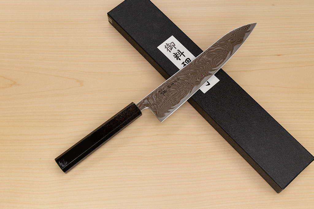 Hokiyama Sakon Bokusui AUS10 ROU-Wave Damascus 210mm (8.3") Gyuto knife with Gold Dust Urushi lacquered Magnolia Wood octagon handle - Knife-Life - Best Japanese Knife Store