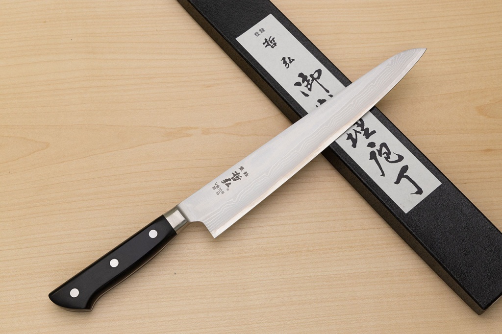 Tetsuhiro VG10 Kasumi nagashi Damascus Sujihiki knife 240mm (9.5") Black paper micarta - Knife-Life - Best Japanese Knife Store