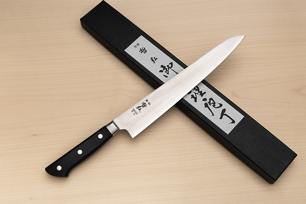 Tetsuhiro VG10 Damascus Sujihiki knife 240mm (9.5") Black paper micarta - Knife-Life - Best Japanese Knife Store