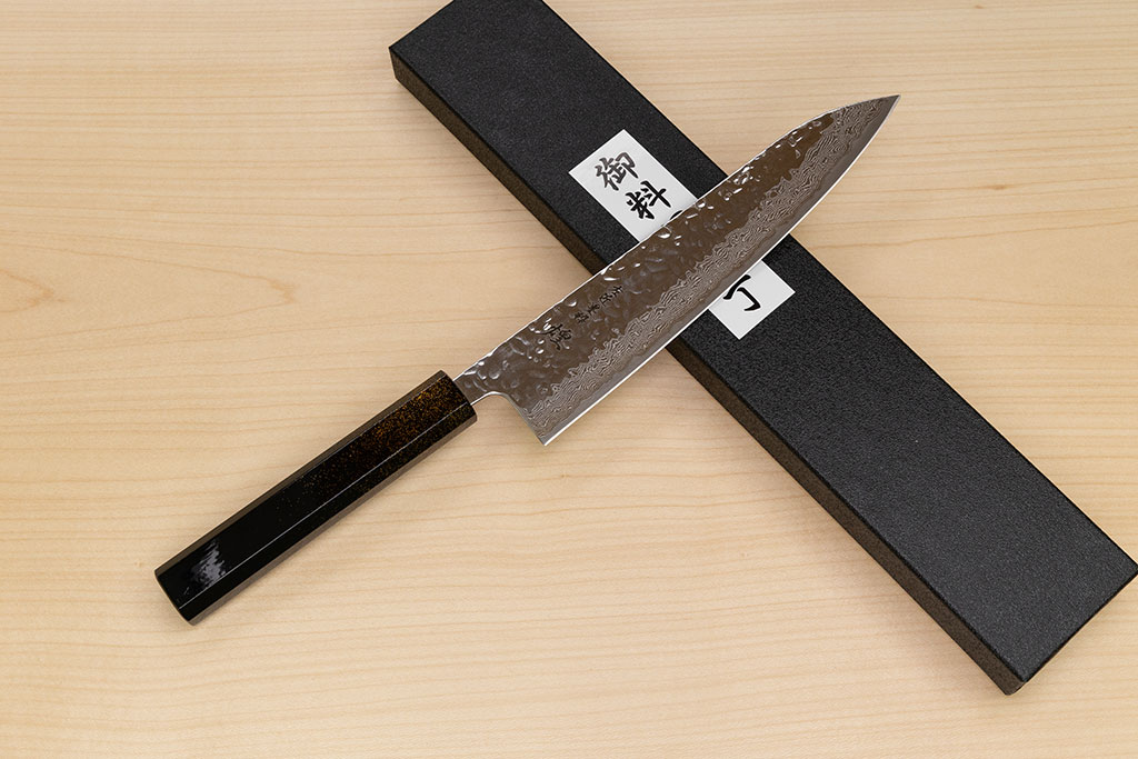 Hokiyama Sakon AUS10 Hammered shiny Damascus 210mm (8.3") Gyuto knife with Gold Dust Urushi lacquered Magnolia Wood octagon handle - Knife-Life - Best Japanese Knife Store