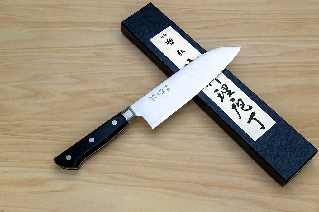 Tetsuhiro Blue Super Santoku knife 170mm (6.7") Black paper micarta - Knife-Life - Best Japanese Knife Store