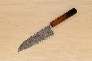 Hokiyama Sakon Bokusui AUS10 ROU-Wave Damascus 165mm (6.5") Santoku knife with Burnt pattern Urushi lacquered Magnolia Wood octagon handle