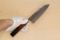 Hokiyama Sakon AUS10 Hammered shiny Damascus 165mm (6.5") Santoku knife with Burnt pattern Urushi lacquered Magnolia Wood octagon handle - Knife-Life - Best Japanese Knife Store