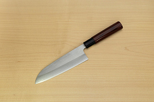 Sakai Genkichi Warikomi AUS8 Santoku knife 180mm (7.1) Magnolia Wood with  Negoro-Nuri Urushi Lacque