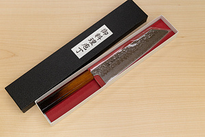 Hokiyama Sakon AUS10 Hammered shiny Damascus 210mm (8.3") Kiritsuke knife with Burnt pattern Urushi lacquered Magnolia Wood octagon handle