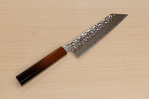 Hokiyama Sakon AUS10 Hammered shiny Damascus 170mm (6.7") Bunka knife with Burnt pattern Urushi lacquered Magnolia Wood octagon handle