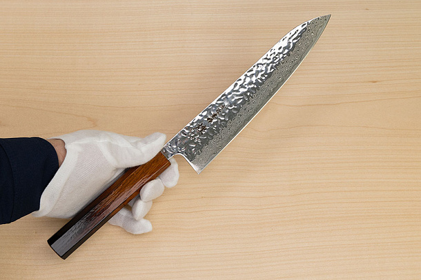 Hokiyama Sakon AUS10 Hammered shiny Damascus 210mm (8.3") Gyuto knife with Burnt pattern Urushi lacquered Magnolia Wood octagon handle