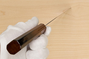 Hokiyama Sakon Bokusui AUS10 ROU-Wave Damascus 165mm (6.5") Santoku knife with Burnt pattern Urushi lacquered Magnolia Wood octagon handle