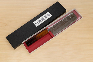 Hokiyama Sakon AUS10 Hammered shiny Damascus 165mm (6.5") Nakiri knife with Burnt pattern Urushi lacquered Magnolia Wood octagon handle