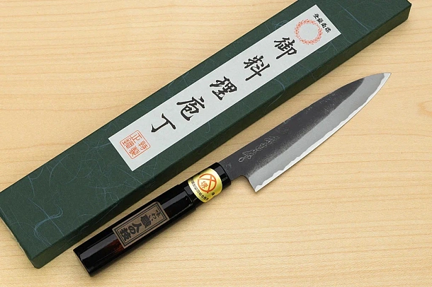 Sakai Genkichi Kurouchi Warikomi White steel 2 Petty knife 140mm (5.5") Magnolia Wood with Akebono-Nuri Urushi Lacque Sakai Genkichi Kurouchi Warikomi White steel 2 Petty knife 140mm (5.5") Magnolia Wood with Akebono-Nuri Urushi Lacque