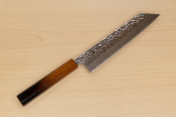 Hokiyama Sakon AUS10 Hammered shiny Damascus 210mm (8.3") Kiritsuke knife with Burnt pattern Urushi lacquered Magnolia Wood octagon handle Hokiyama Sakon AUS10 Hammered shiny Damascus 210mm (8.3") Kiritsuke knife with Burnt pattern Urushi lacquered Magnolia Wood octagon handle