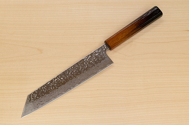 Hokiyama Sakon AUS10 Hammered shiny Damascus 210mm (8.3") Kiritsuke knife with Burnt pattern Urushi lacquered Magnolia Wood octagon handle Hokiyama Sakon AUS10 Hammered shiny Damascus 210mm (8.3") Kiritsuke knife with Burnt pattern Urushi lacquered Magnolia Wood octagon handle