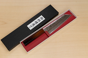 Hokiyama Sakon AUS10 Hammered shiny Damascus 170mm (6.7") Bunka knife with Burnt pattern Urushi lacquered Magnolia Wood octagon handle