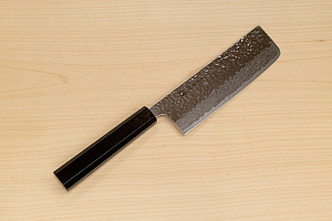 Hokiyama Sakon AUS10 Hammered shiny Damascus 165mm (6.5") Nakiri knife with Gold Dust Urushi lacquered Magnolia Wood octagon handle