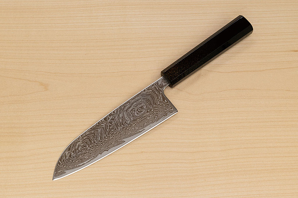 Hokiyama Sakon Bokusui AUS10 ROU-Wave Damascus 165mm (6.5") Santoku knife with Gold Dust Urushi lacquered Magnolia Wood octagon handle