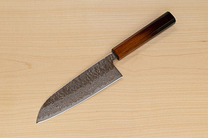 Hokiyama Sakon AUS10 Hammered shiny Damascus 165mm (6.5") Santoku knife with Burnt pattern Urushi lacquered Magnolia Wood octagon handle