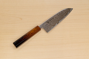 Hokiyama Sakon Bokusui AUS10 ROU-Wave Damascus 165mm (6.5") Santoku knife with Burnt pattern Urushi lacquered Magnolia Wood octagon handle