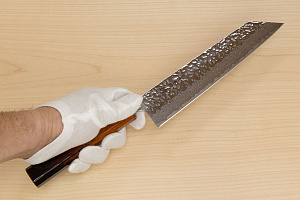 Hokiyama Sakon AUS10 Hammered shiny Damascus 210mm (8.3") Kiritsuke knife with Burnt pattern Urushi lacquered Magnolia Wood octagon handle