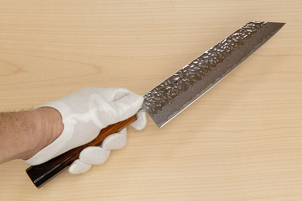 Hokiyama Sakon AUS10 Hammered shiny Damascus 210mm (8.3") Kiritsuke knife with Burnt pattern Urushi lacquered Magnolia Wood octagon handle Hokiyama Sakon AUS10 Hammered shiny Damascus 210mm (8.3") Kiritsuke knife with Burnt pattern Urushi lacquered Magnolia Wood octagon handle
