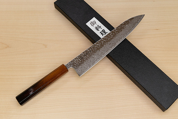Hokiyama Sakon AUS10 Hammered shiny Damascus 240mm (9.5") Gyuto knife with Burnt pattern Urushi lacquered Magnolia Wood octagon handle