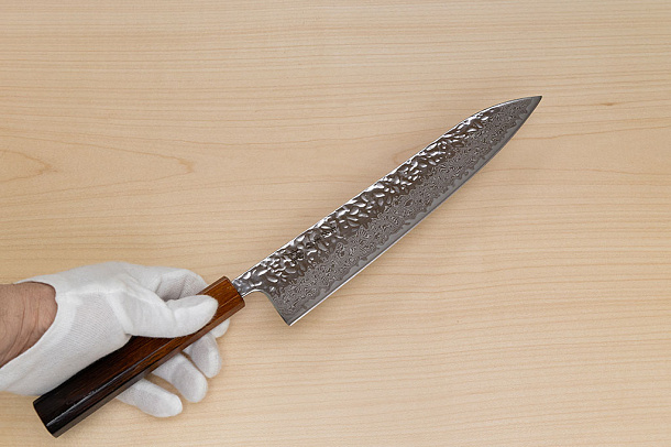 Hokiyama Sakon AUS10 Hammered shiny Damascus 240mm (9.5") Gyuto knife with Burnt pattern Urushi lacquered Magnolia Wood octagon handle