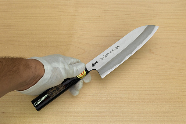 Sakai Genkichi Warikomi Blue steel 2 Santoku knife 180mm (7.1) Magnolia Wood with Akebono-Nuri Urushi Lacque
