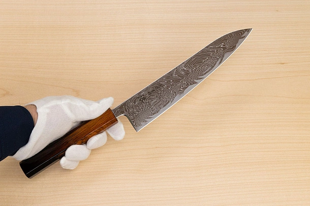 Hokiyama Sakon Bokusui AUS10 ROU-Wave Damascus 210mm (8.3") Gyuto knife with Burnt pattern Urushi lacquered Magnolia Wood octagon handle
