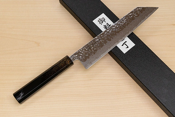 Hokiyama Sakon AUS10 Hammered shiny Damascus 210mm (8.3") Kiritsuke knife with Gold Dust Urushi lacquered Magnolia Wood octagon handle
