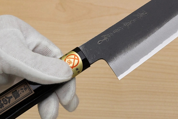 Sakai Genkichi Kurouchi Warikomi White steel 2 Santoku knife 180mm (7.1) Magnolia Wood with Akebono-Nuri Urushi Lacque