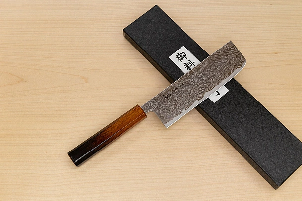 Hokiyama Sakon Bokusui AUS10 ROU-Wave Damascus 165mm (6.5") Nakiri knife with Burnt pattern Urushi lacquered Magnolia Wood octagon handle