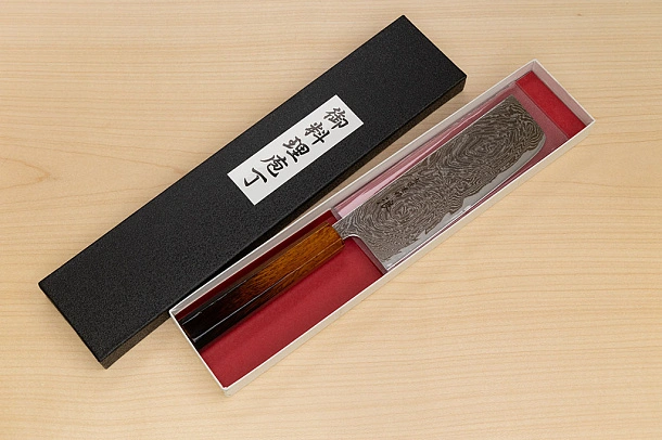 Hokiyama Sakon Bokusui AUS10 ROU-Wave Damascus 165mm (6.5") Nakiri knife with Burnt pattern Urushi lacquered Magnolia Wood octagon handle