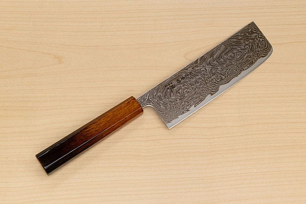 Hokiyama Sakon Bokusui AUS10 ROU-Wave Damascus 165mm (6.5") Nakiri knife with Burnt pattern Urushi lacquered Magnolia Wood octagon handle