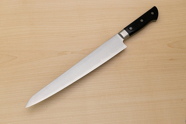 Tetsuhiro VG10 Kasumi nagashi Damascus Sujihiki knife 270mm (10.7") Black paper micarta
