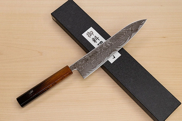 Hokiyama Sakon Bokusui AUS10 ROU-Wave Damascus 210mm (8.3") Gyuto knife with Burnt pattern Urushi lacquered Magnolia Wood octagon handle