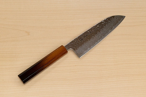 Hokiyama Sakon AUS10 Hammered shiny Damascus 165mm (6.5") Santoku knife with Burnt pattern Urushi lacquered Magnolia Wood octagon handle Hokiyama Sakon AUS10 Hammered shiny Damascus 165mm (6.5") Santoku knife with Burnt pattern Urushi lacquered Magnolia Wood octagon handle