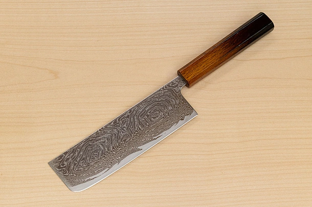 Hokiyama Sakon Bokusui AUS10 ROU-Wave Damascus 165mm (6.5") Nakiri knife with Burnt pattern Urushi lacquered Magnolia Wood octagon handle