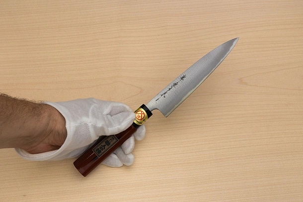 Sakai Genkichi Warikomi White steel 3 Petty knife 150mm (4.8) Magnolia Wood with Negoro-Nuri Urushi Lacque Sakai Genkichi Warikomi White steel 3 Petty knife 150mm (4.8) Magnolia Wood with Negoro-Nuri Urushi Lacque