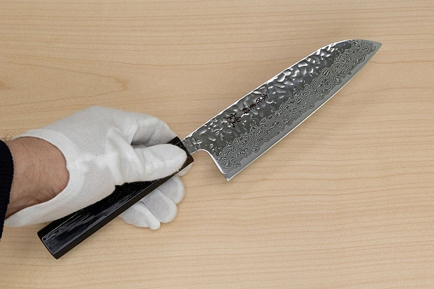 Hokiyama Sakon AUS10 Hammered shiny Damascus 165mm (6.5") Santoku knife with Gold Dust Urushi lacquered Magnolia Wood octagon handle