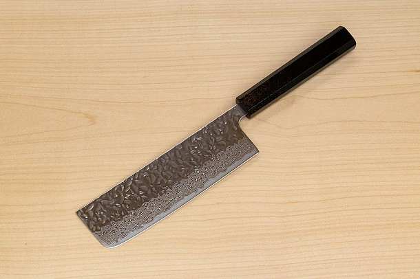 Hokiyama Sakon AUS10 Hammered shiny Damascus 165mm (6.5") Nakiri knife with Gold Dust Urushi lacquered Magnolia Wood octagon handle