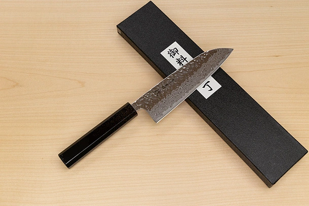 Hokiyama Sakon AUS10 Hammered shiny Damascus 165mm (6.5") Santoku knife with Gold Dust Urushi lacquered Magnolia Wood octagon handle