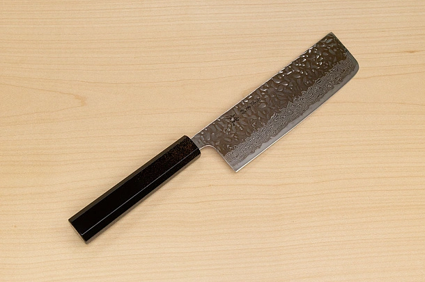 Hokiyama Sakon AUS10 Hammered shiny Damascus 165mm (6.5") Nakiri knife with Gold Dust Urushi lacquered Magnolia Wood octagon handle