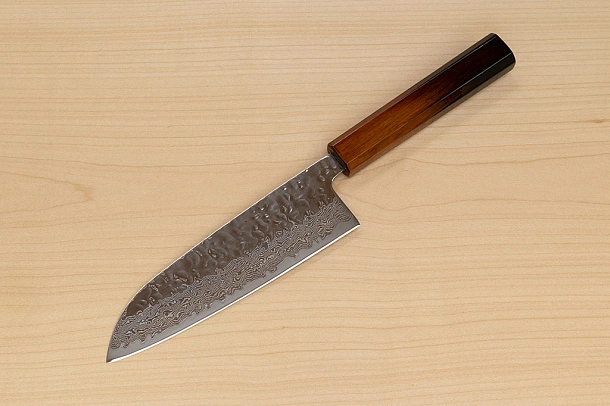 Hokiyama Sakon AUS10 Hammered shiny Damascus 165mm (6.5") Santoku knife with Burnt pattern Urushi lacquered Magnolia Wood octagon handle Hokiyama Sakon AUS10 Hammered shiny Damascus 165mm (6.5") Santoku knife with Burnt pattern Urushi lacquered Magnolia Wood octagon handle