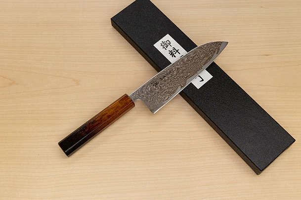 Hokiyama Sakon Bokusui AUS10 ROU-Wave Damascus 165mm (6.5") Santoku knife with Burnt pattern Urushi lacquered Magnolia Wood octagon handle